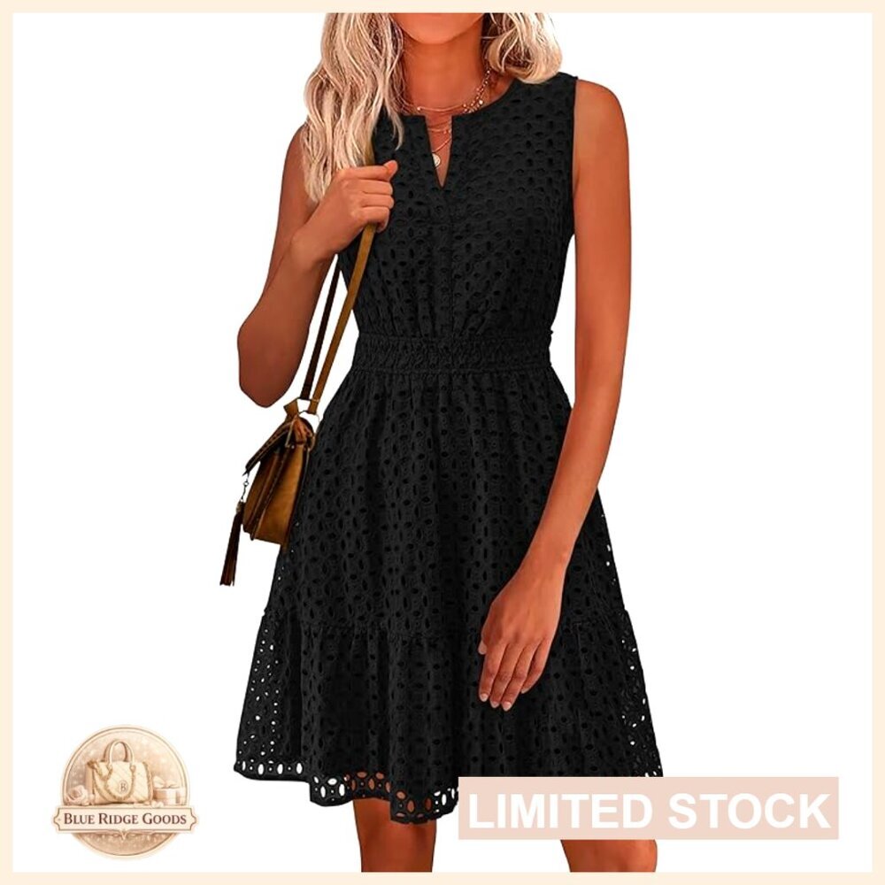Sleeveless V-Neck A-Line Swing Dress Eyelet Hollow Out Summer Casual